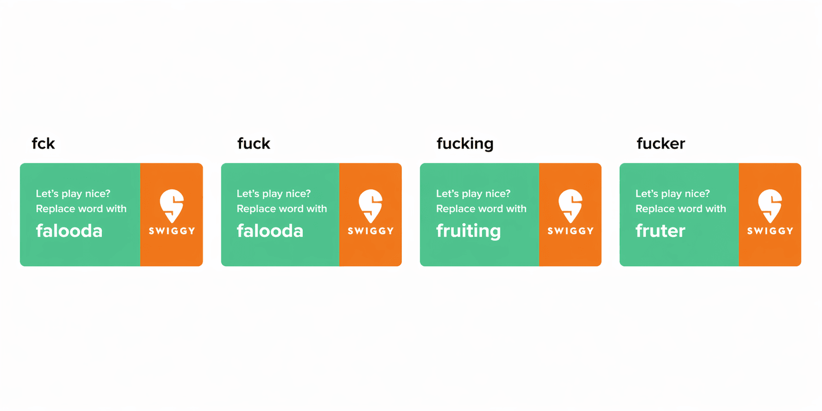 What The Falooda example cards: profanities like 'fck', 'fuck', 'fucking', and 'fucker' are replaced with food words like 'falooda' and 'fruiting'.