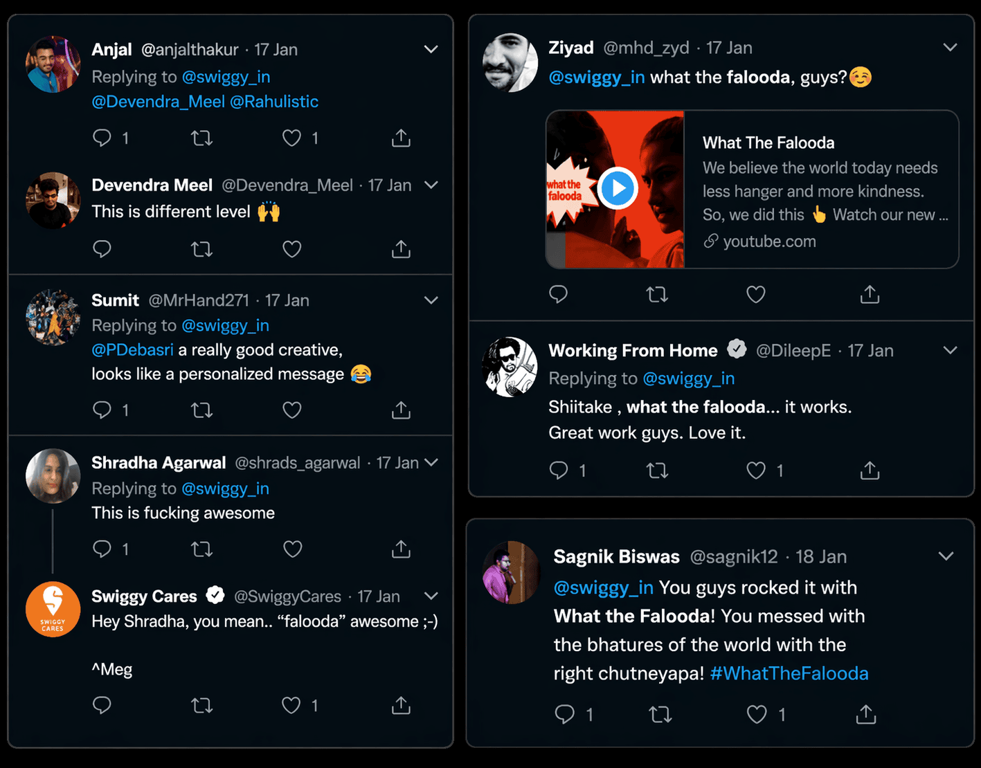 A grid of tweets reacting to Swiggy's What The Falooda extension, calling it genius, different level, and personalised.