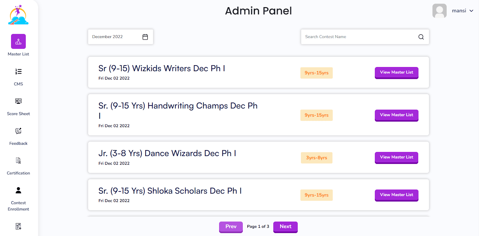 WizKidsCarnival admin panel, master list of contests with age groups and quick actions